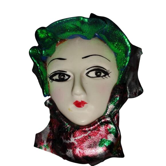 Vintage Jewelry - Vintage Porcelain Lady Face Brooch Sculpted Metallic Fabric Statement Pin